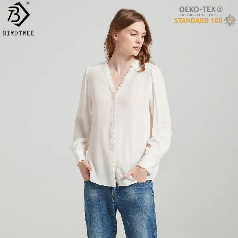 Birdtree, OEKO-TEX, 17.5MM 100% Real Silk Solid Blouse, Women's Double Crepe Elegant Shirt, V-neck Thin Tops, 2026 New T61003JF