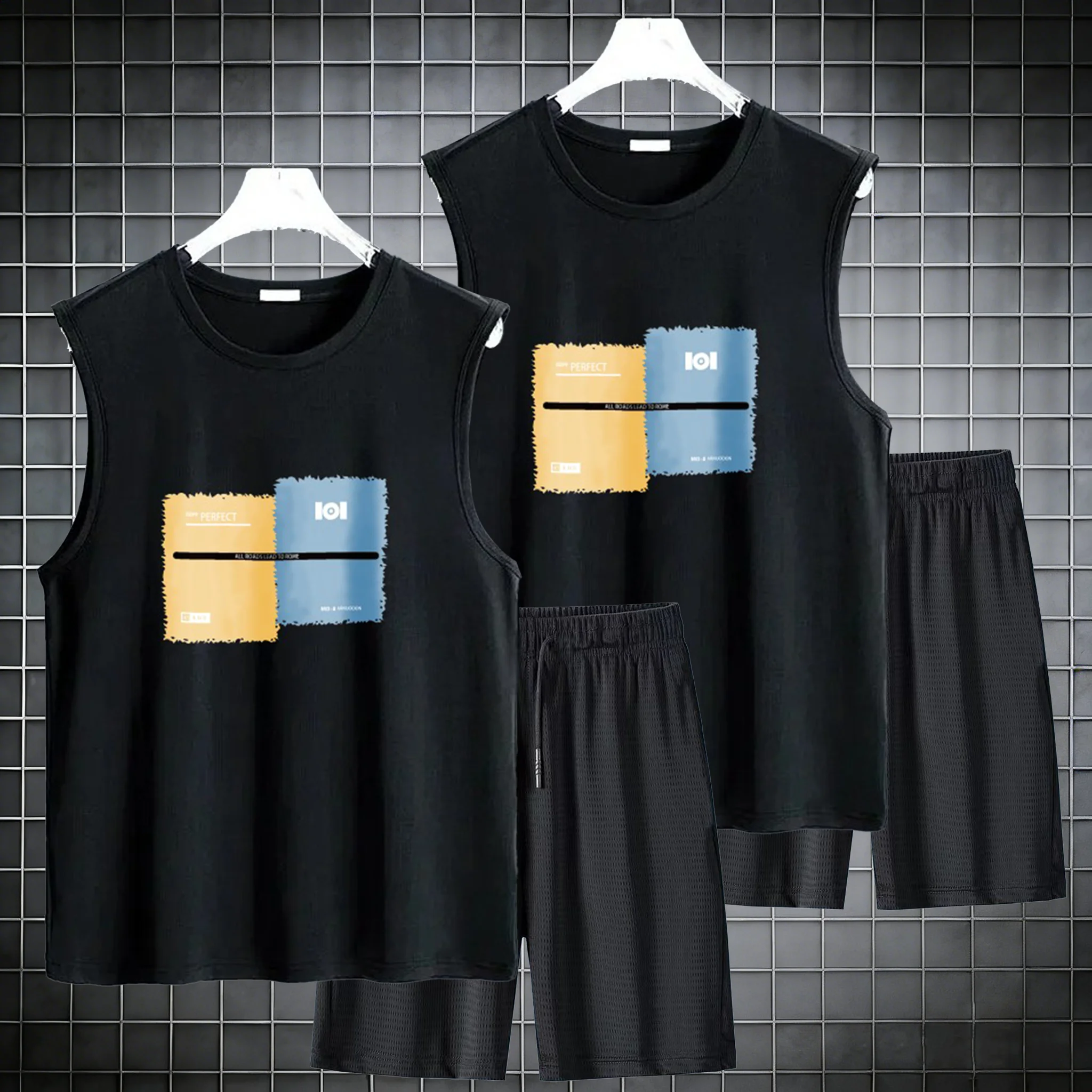 2Pcs Summer sleeveless basketball suit street jogging casual sportwear 2 piece breathable short sleeve Tshirt + jogging shorts