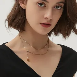 Stainless Steel Charm Gold Color Double Layer Snake Bone Pearl Necklace for Women Korea Fashion Clavicle Chain Jewelry Colorfast