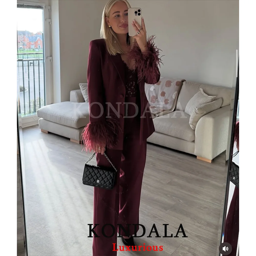 KONDALA Casual Chic Red Blazer V Neck Loose Feathers Patchwork Jackets Fashion 2025 Autumn Office Lady Chic Bordeaux Red Blazer