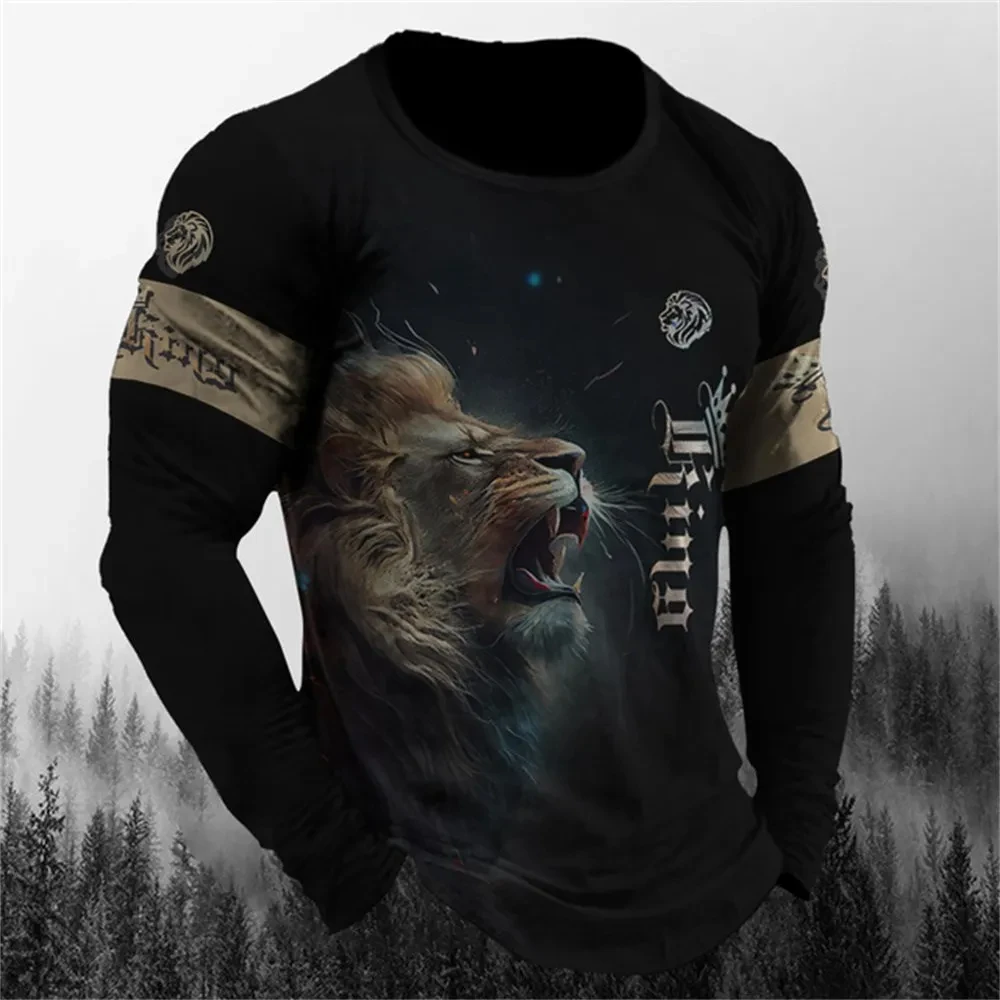 Fashion men\'s ferocious animal lion pattern printed T-shirt niche round neck loose long sleeve street style men\'s clothing top