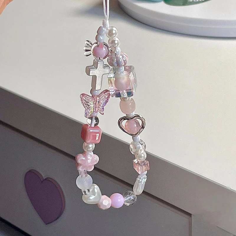 Pearl Heart Butterfly Phone Chain for Girl, Trendy Pendant for iPhone, Samsung Universal Accessories, Cute Hanging Rope for Girl
