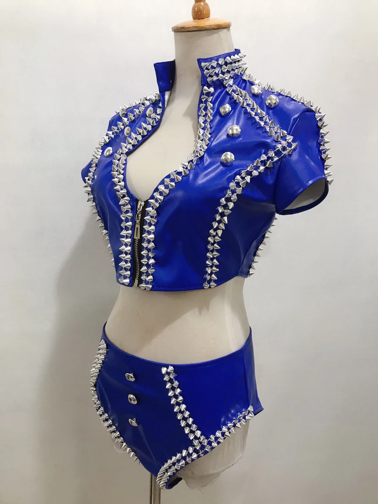 Nightclub Bar DJ Singer Leading Dance Sexy Fashion Performance Dress Treasure Blue PU Leather Clothes Women's Casual Set