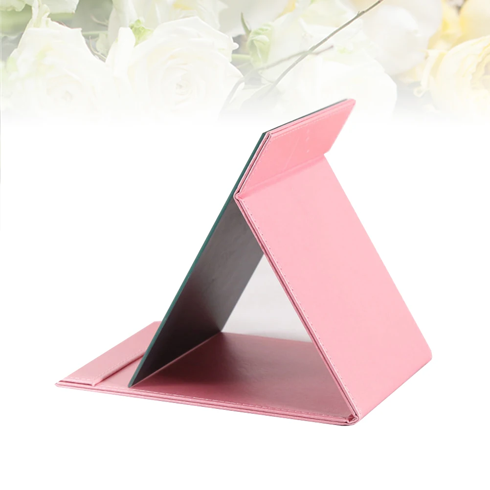 Large Pink PU Foldable Makeup Mirror Desktop Adjustable Stand Hands-Free Viewing Travel Beauty Accessory