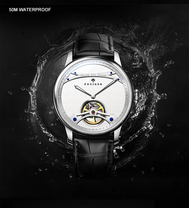 PONIGER Men Automatic Watch 41.5mm Luxury Mechanical Wristwatch Sapphire Luminous 5ATM Waterproof Skeleton Dial