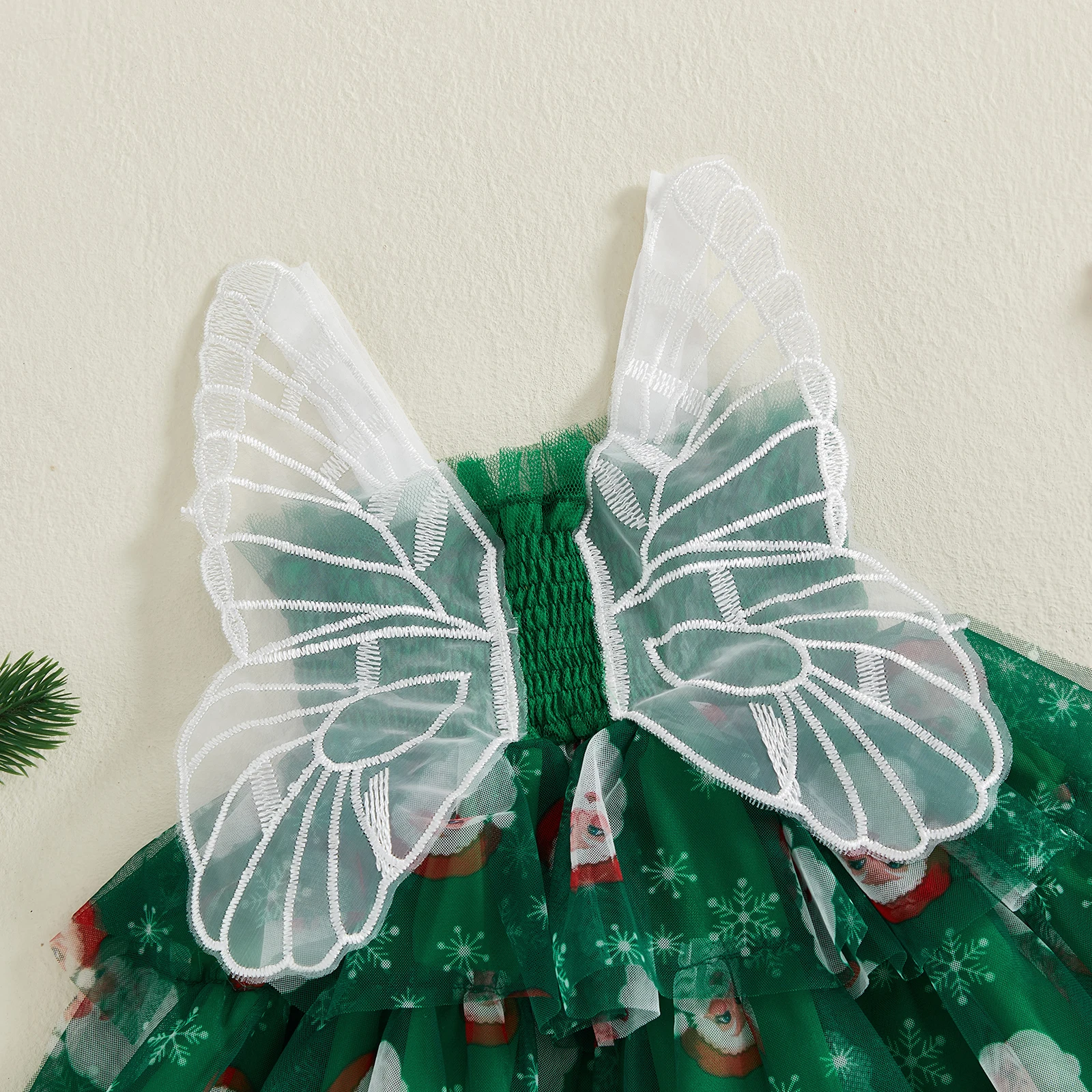 Toddler Baby Girl Christmas Dress Snowflake Santa Claus Print Sleeveless Tulle A Line Ruffled Cake Dress with Butterfly Wing