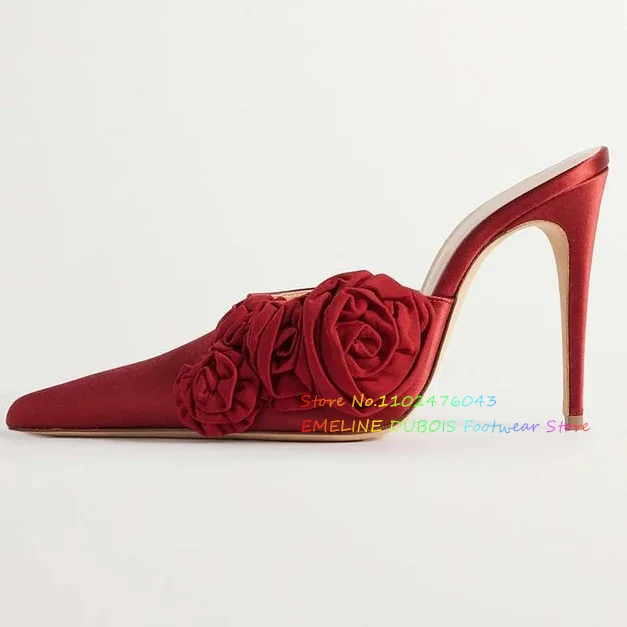 Red Floral Applique Pointy Mules Women Elegant Black Satin High Heels Slippers Girl Summer Stiletto Party Dress Wedding Sandals