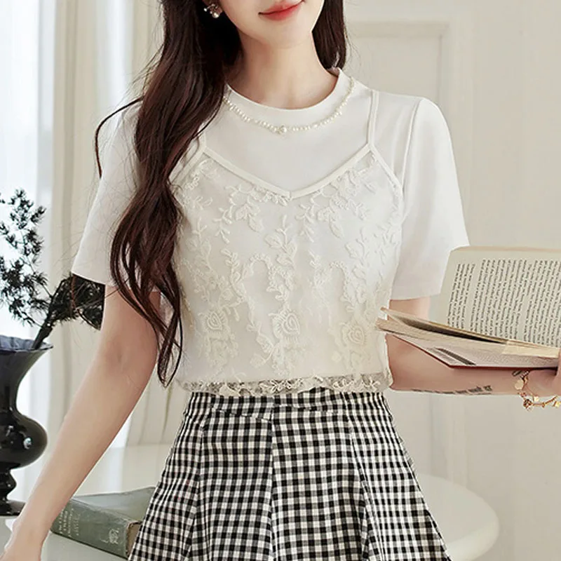 Nueva Camiseta de Verano Casual de Manga Corta con Cuello Redondo para Mujer, Blusa Blanca con Encaje, Tops para Mujer, Camisetas, Camiseta 2026 N601