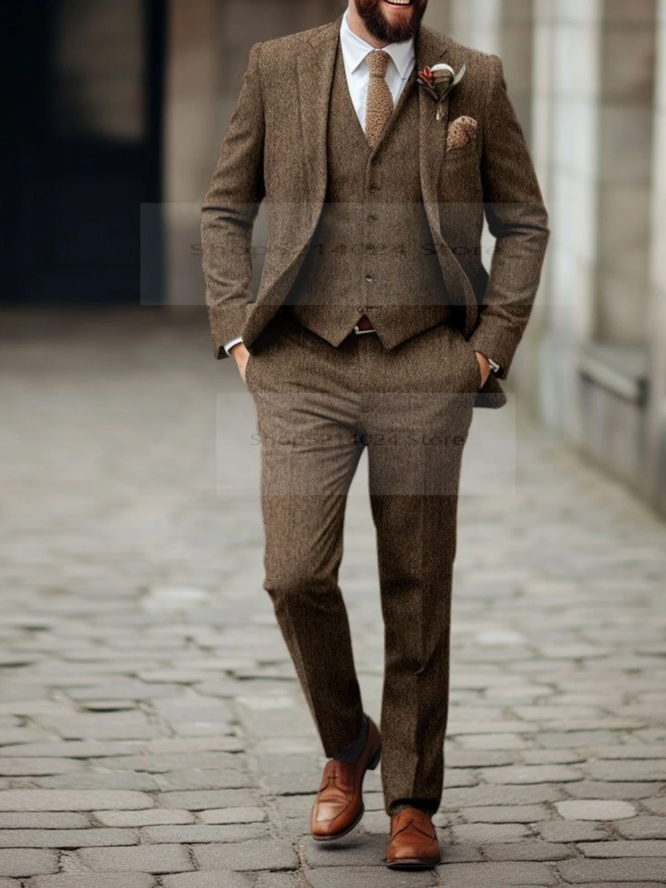 

Elegant 3pcs Men's Tweed Suits Herringbone Western Vintage Wedding Formal Events (Jacket+Vest+Pants)
