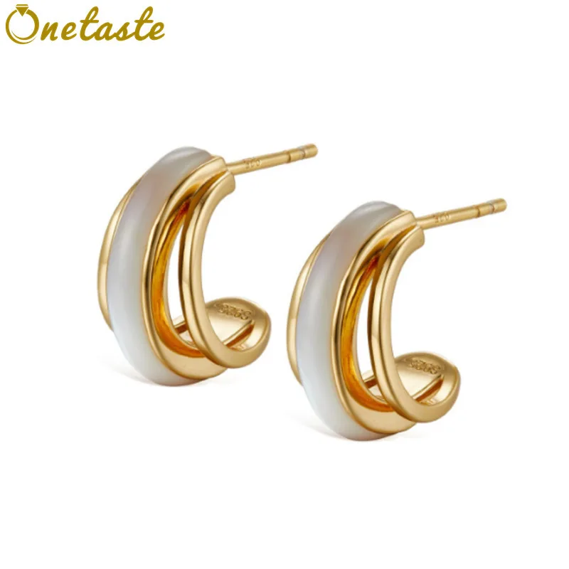 

925 Silver 18K Gold White Mother Of Pearl Dome Tri Hoop Earrings Simple Trendy Small Huggie Earring Clearance Limited Stock