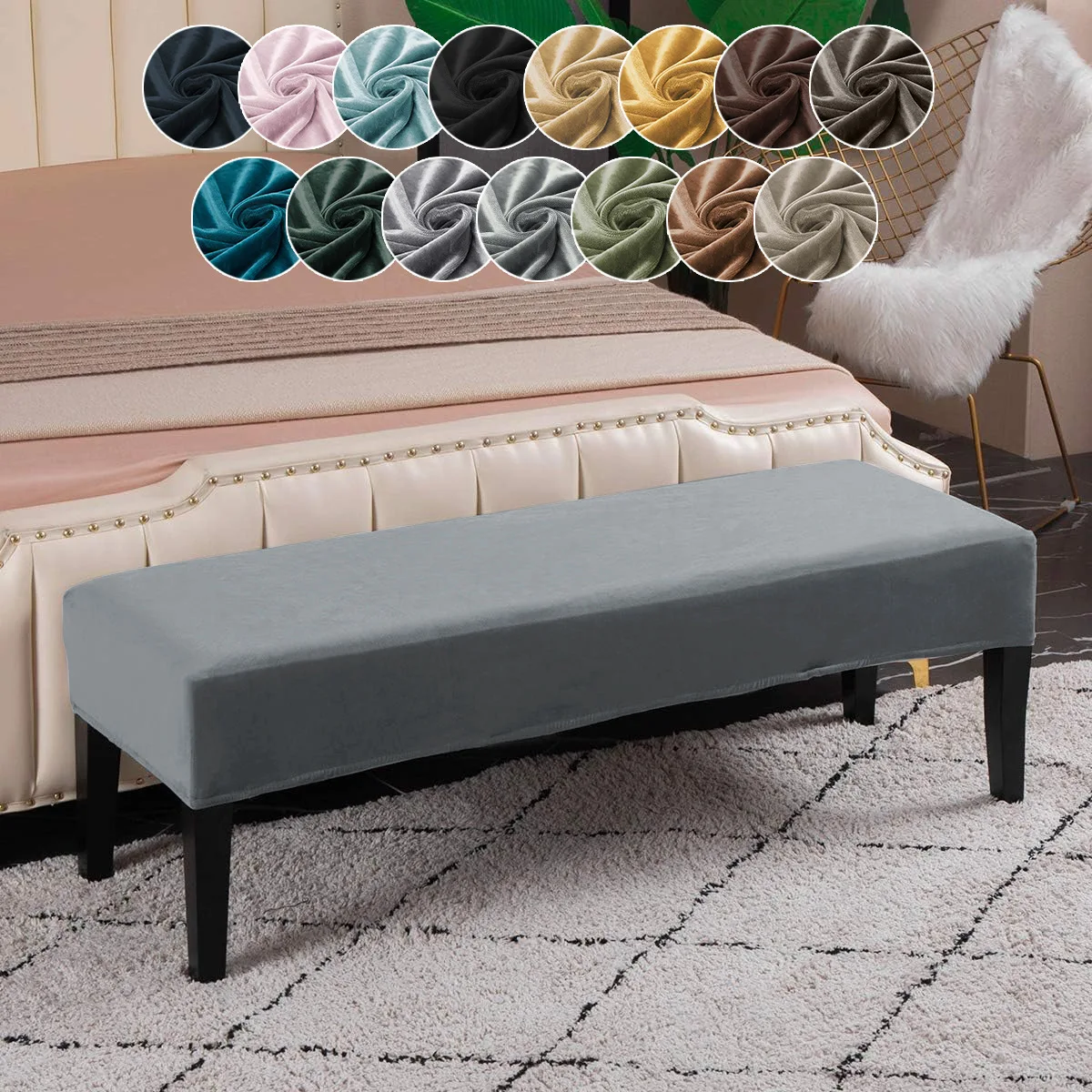 1 Stück weicher Samt-Bankbezug für Esszimmer, Schlafzimmer, rechteckig, elastisch, neues Dekor, Stuhlhussen, abnehmbarer, waschbarer Stretch-Sitz ﻿