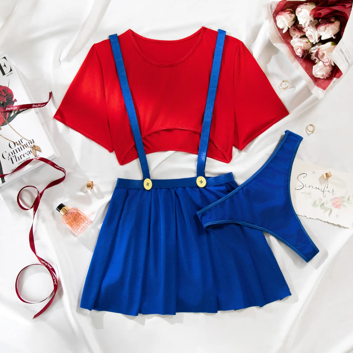 Maid RolePlay Lingerie Set Babydoll Dress Crop Top 3Piece Costume with Pleated Skirt Sexy Underwear for Women