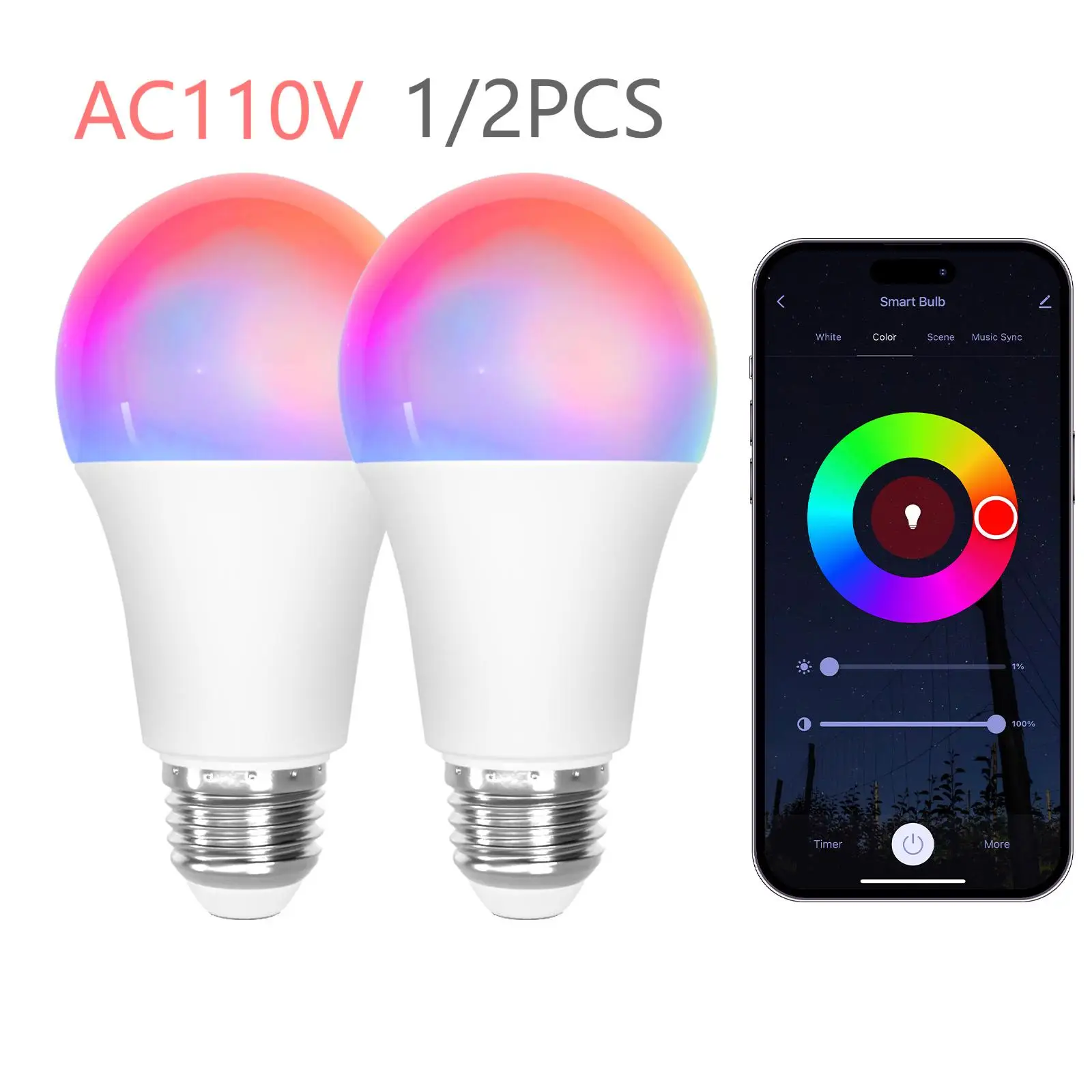 

1/2PCS Smart Light Bulbs 110V E26 9W WiFi Bluetooth Smart Bulb Work with Alexa Google Home Compatible 2700-6500K Color Changing