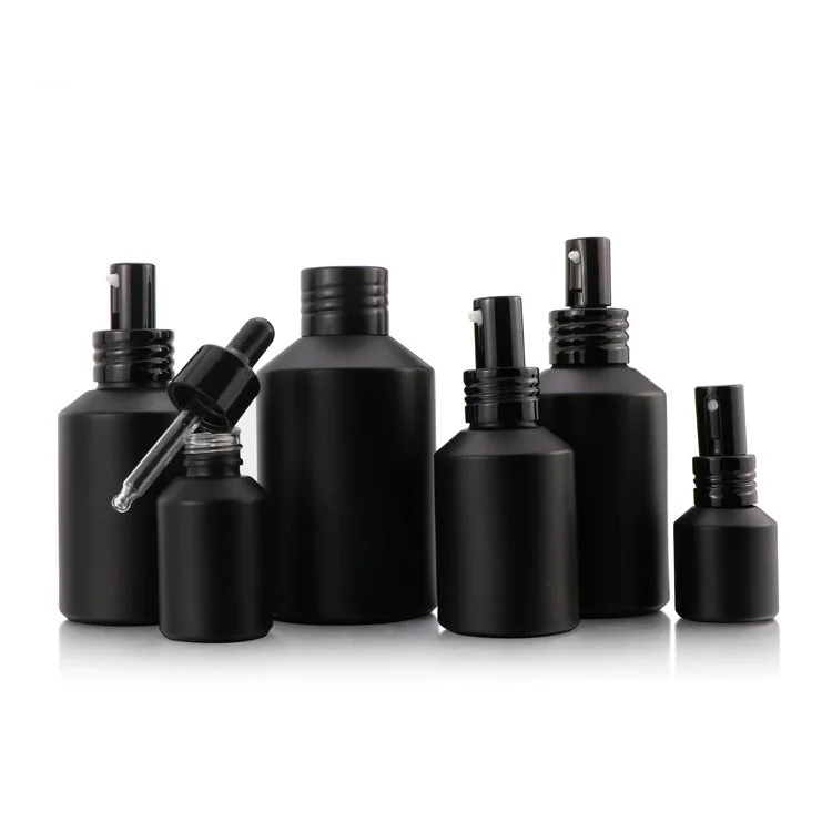 

Cosmetic Glass Bottle And Jar with Black Amber Frosted Pump Spray Dropper Dark Black Frosted Glass Serum Dropper Bottle and Jar