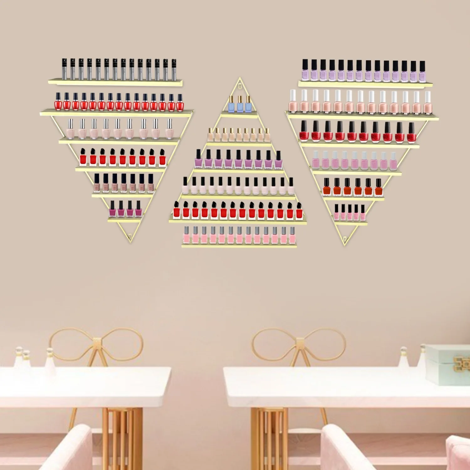 5-layer Nail Polish Racks, with Gold and Iron Triangles, Installed on The Wall for Nail Salons and Barber Shops Gold