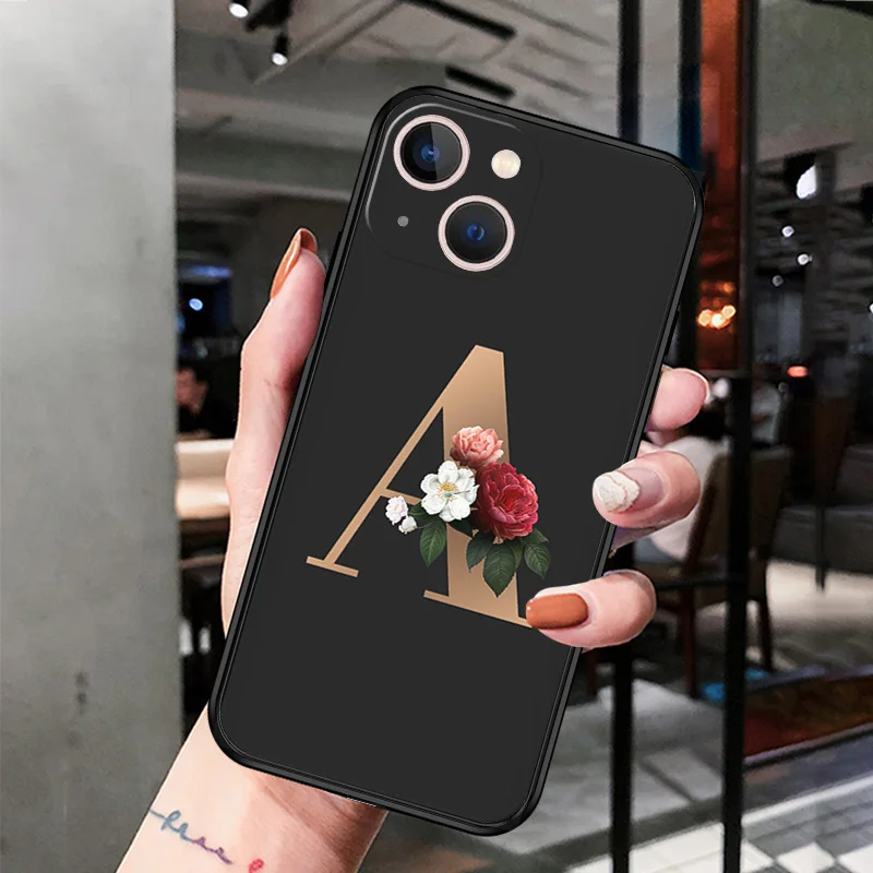 Silicone Black Phone Cases for iphone 16 Pro Max 7 8 14 15 Plus SE XR 11 12 13 Mini Q-R Golden 26 alphabet Letters Flower Cover