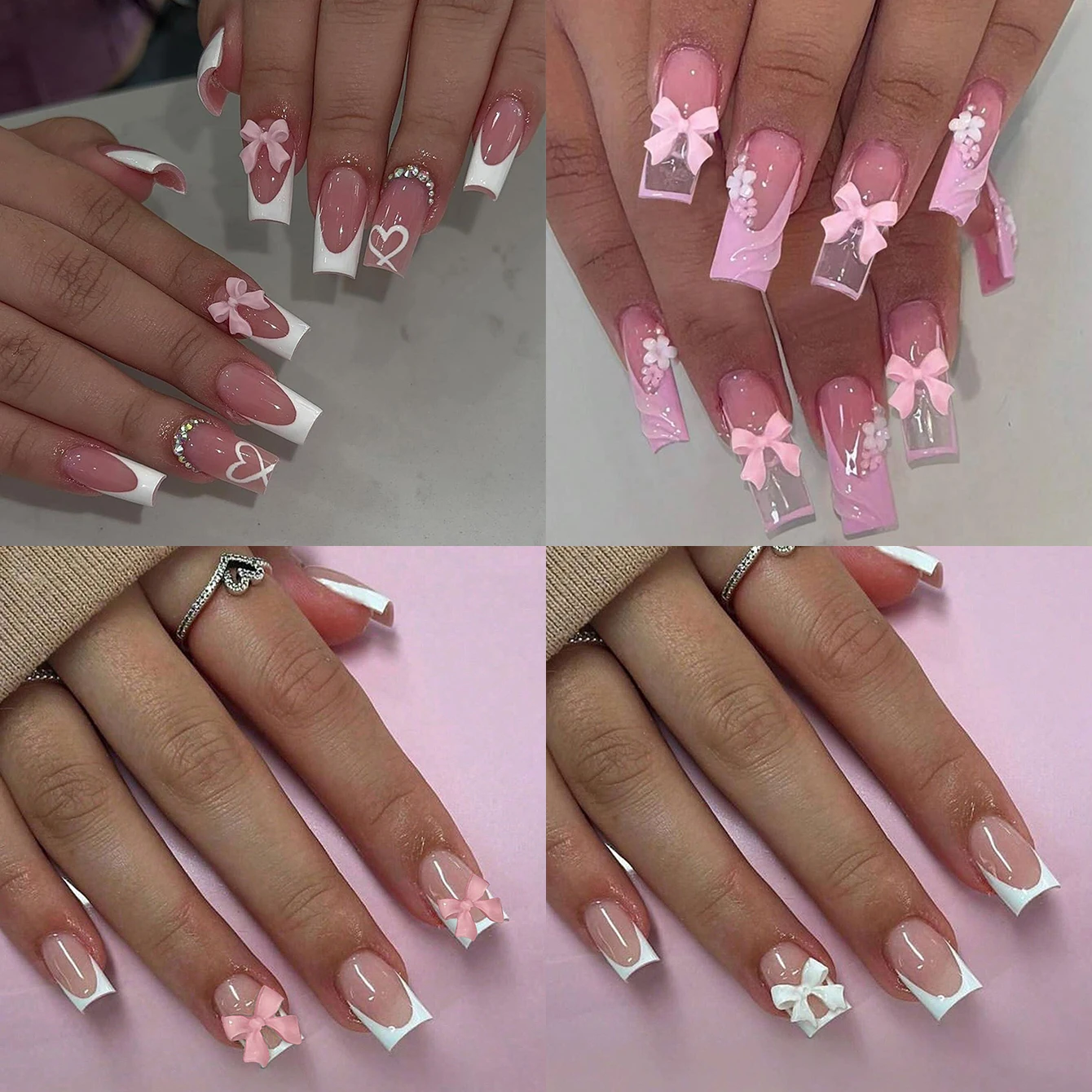 ARTAUG 96개 프레스드 프렌치 스퀘어 인조 손톱, 리본 및 반짝이 다이아몬드 디자인, 재사용 가능한 아크릴 인조 손톱