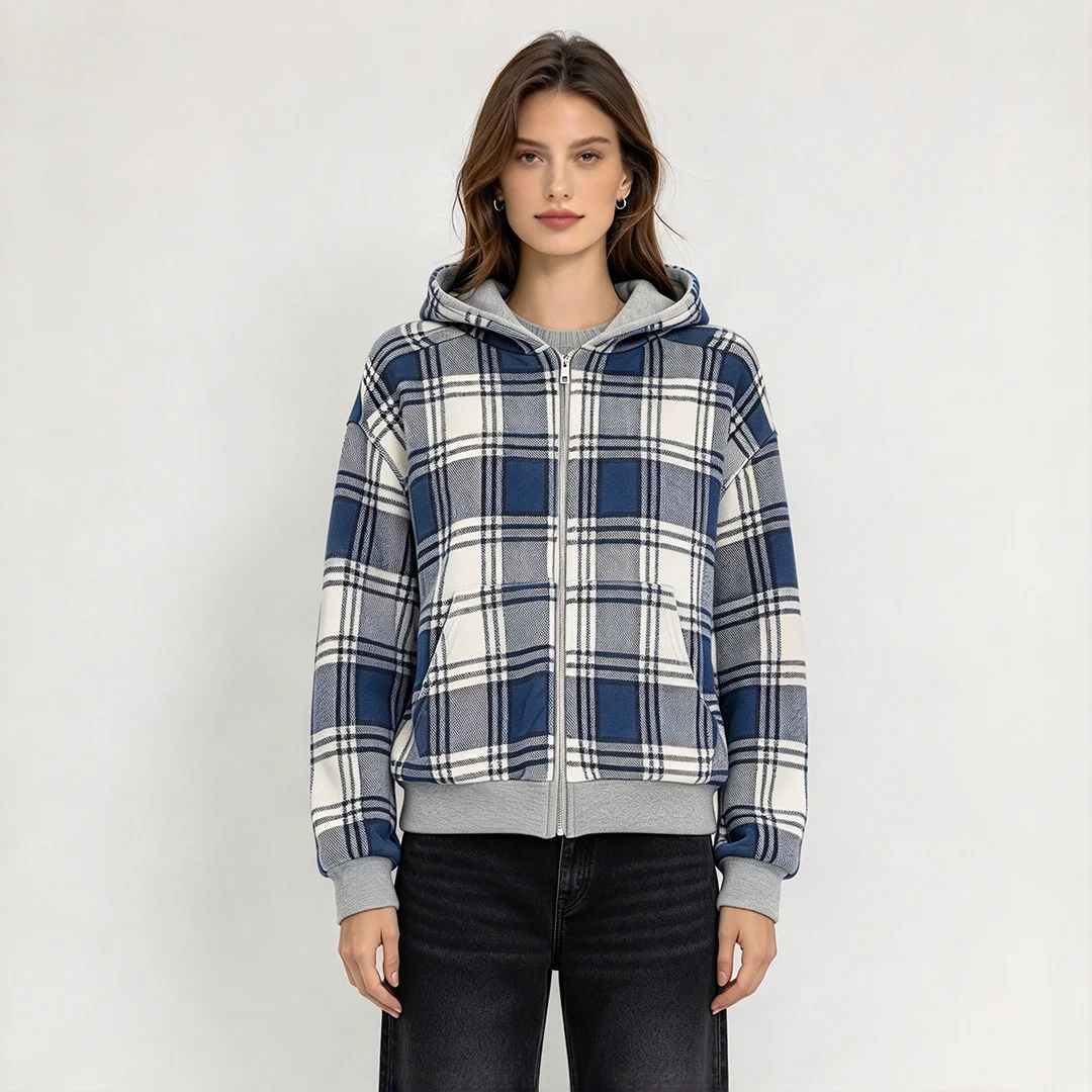 Trendy Y2K Retro Double-Sided Plaid Hooded Jacket Long Sleeved Autumn Winter Personalized Casual Outerwear