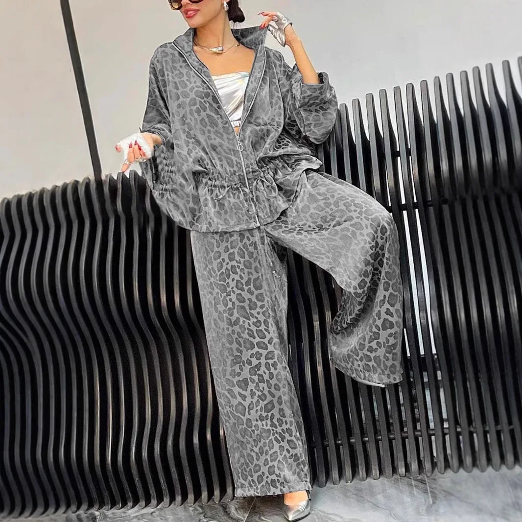 Fashion Leopard Print 2 Piece Sets Women Fall Lapel Zipper Drawstring Coat Wide-leg Pants Outfit Spring Autumn Long Sleeve Suit