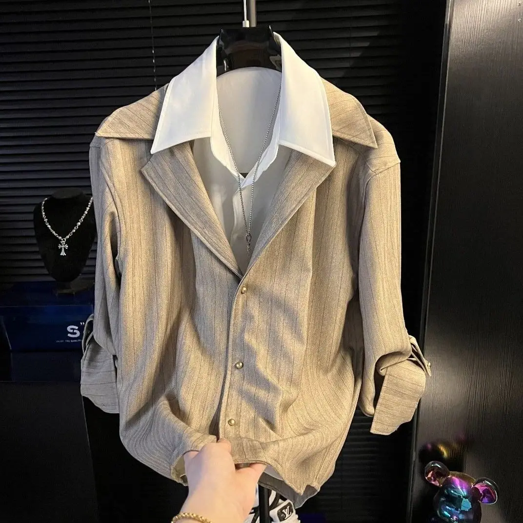 Italian-style Minimalist Striped Design False Two-piece Long-sleeve Shirt Trendy Men's Top Old Money Aesthetic Blouse Men Social