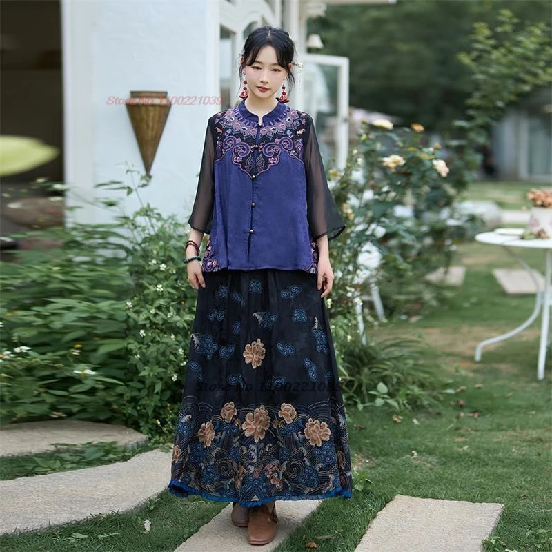 2025 chinese vintage skirt national flower embroidery ethnic satin jacquard skirt traditional elastic waist folk a-line skirt