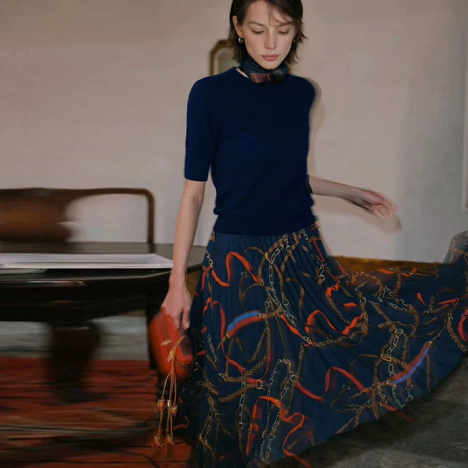 

Женская плиссированная юбка Ele Lady Fashion из ацетатной ткани с цепочкой, с высокой талией, с принтом, весна 2026, премиум-класс