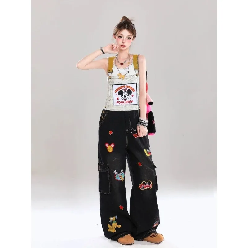 

Mickey Embroidered Color Block Denim Overalls Women New Spliced Loose Age-Reducing Casual Long Suspender One-Piece Jeans Trendy