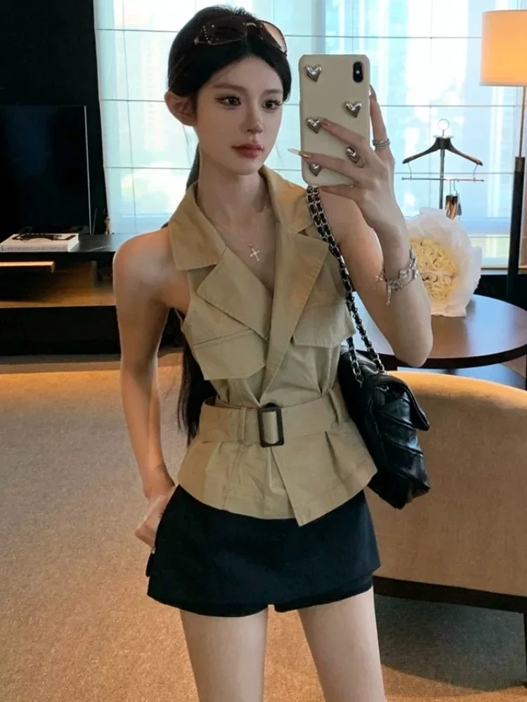 

Ele Khaki ort Top Women's Slim Fit Vest Belted Retro Hot Girl Design Sense Faionable Waistcoat without Sves