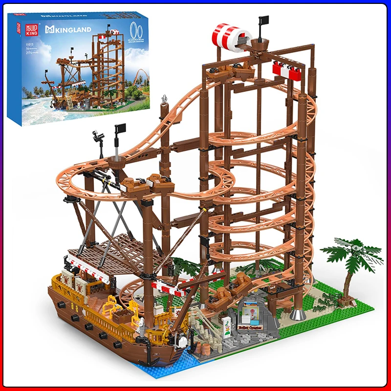 

Mold King 11013, креативные игрушки, американские горки MOC с двойной спиралью и пиратским кораблем, строительный блок, кирпич, детский рождественский подарок