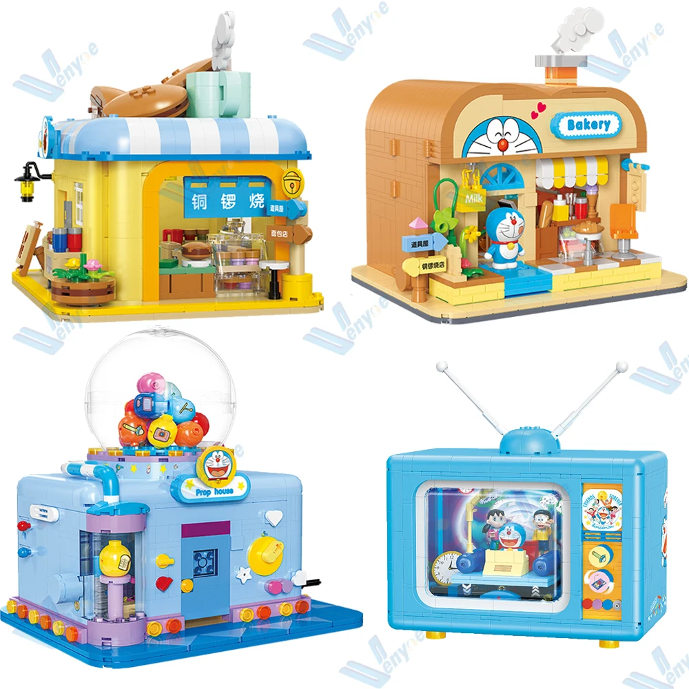 Balody Mini Compatible Doraemon Street View Bakery Building Blocks Prop Shop Assembled Model Television Bricks Toy For Gift