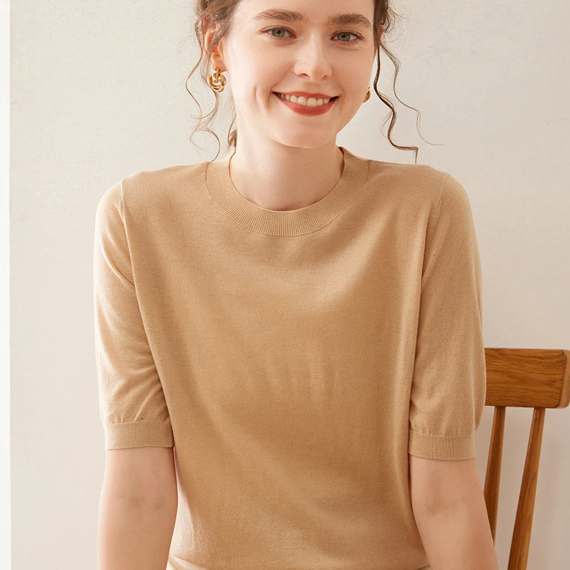 

2025 Высококачественная женская одежда, шелковый пуловер с круглым вырезом и короткими рукавами, однотонный кашемировый свитер, футболка, базовый топ