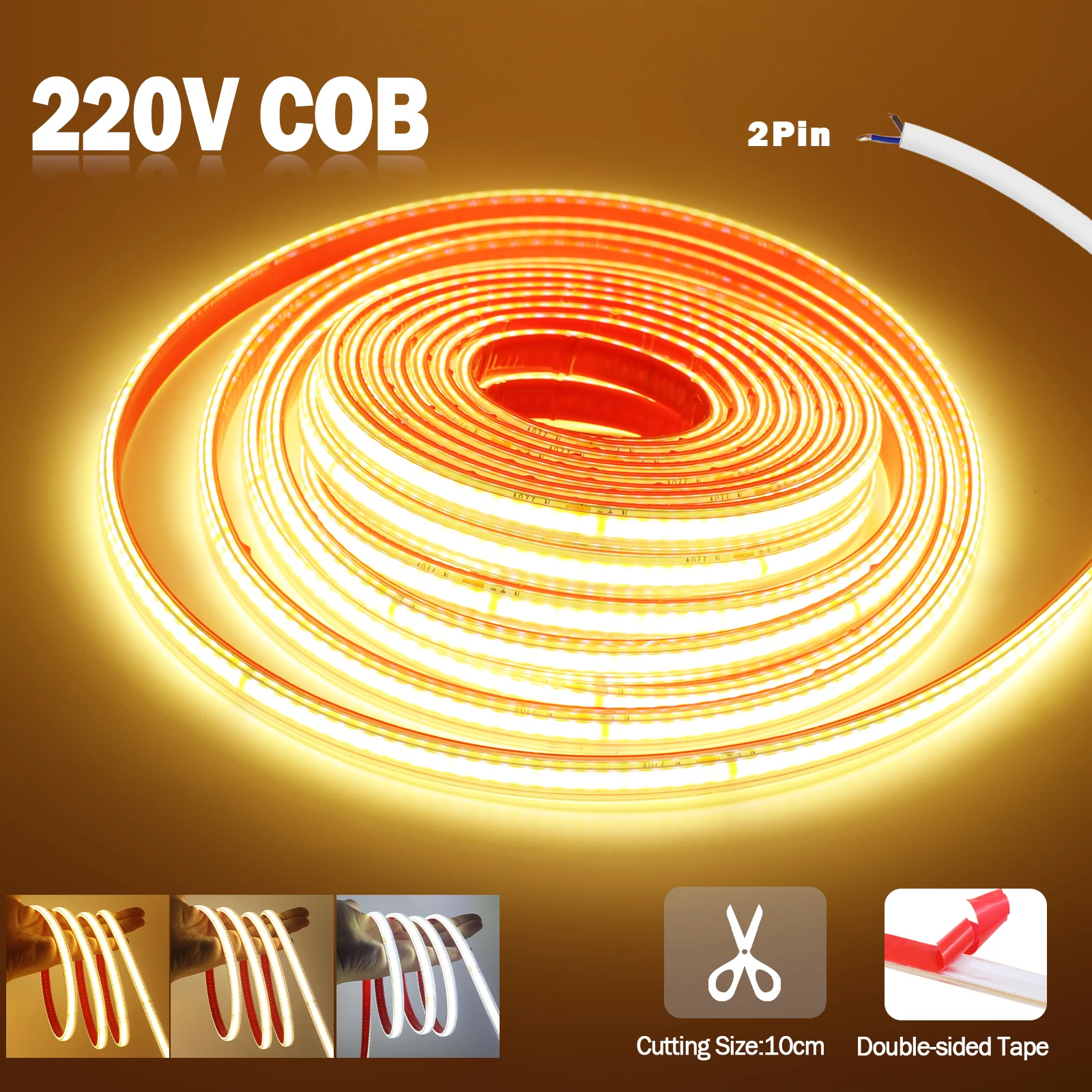 

220V COB LED Strip 240LEDs/m Waterproof 10cm Cuttable Adhesive Tape with 2Pin Wires Flexible Lamp for Home Garden Decor 0.5m-40m