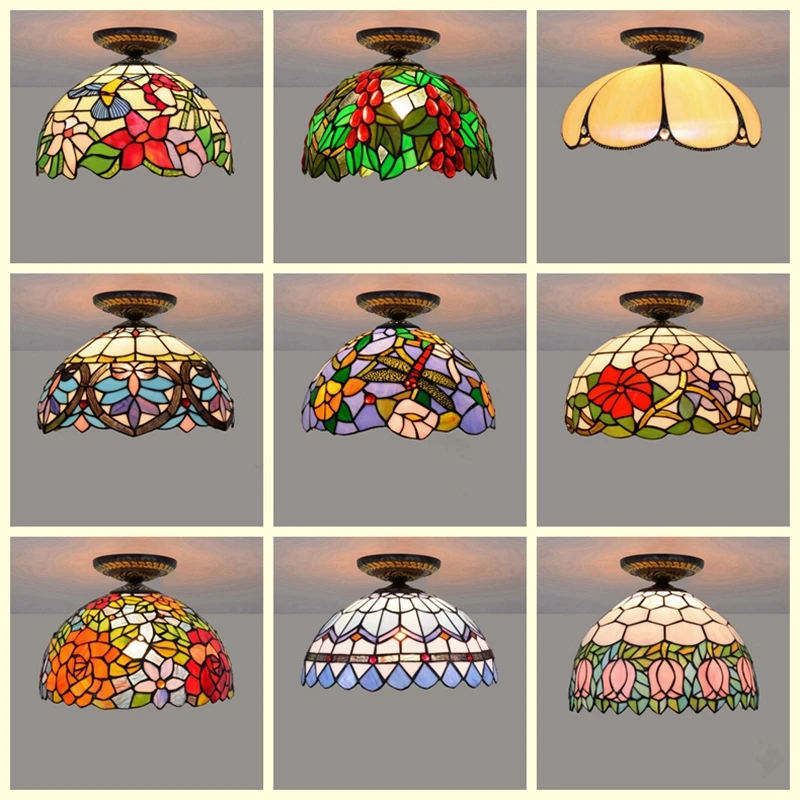 30cm Tiffany Colored Glass Country-Style Restaurant Bar Bedroom Hallway Patio Corridor Veranda LED Vintage Ceiling Light