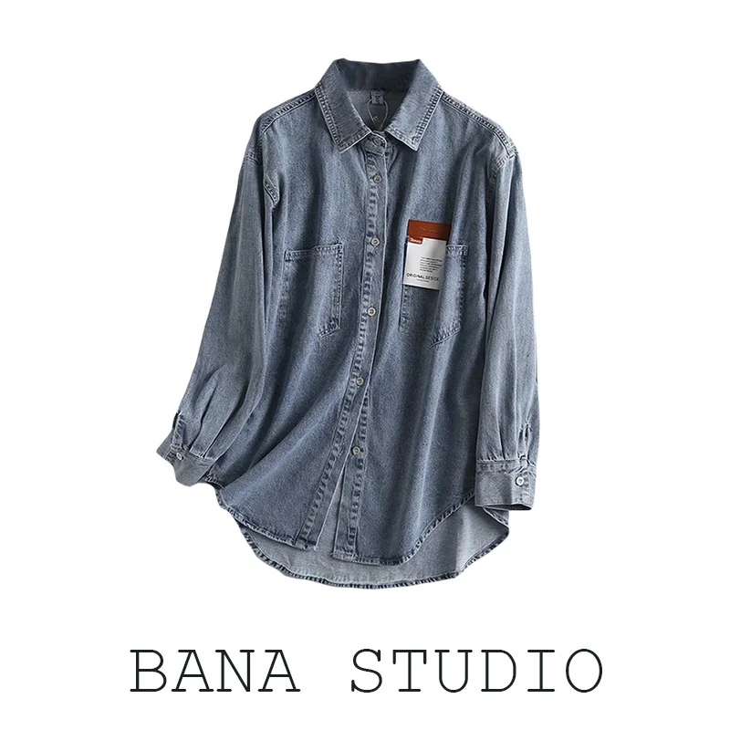 

BANA Waed Denim irt Women's Autumn Large Size Patchwork ket Straight Cut Long Sve Mid-Length Sweet Sle Collar