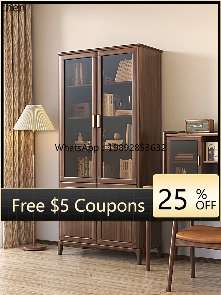 

solid wood bookcase simple modern bedroom study with glass door storage cabinet combination
