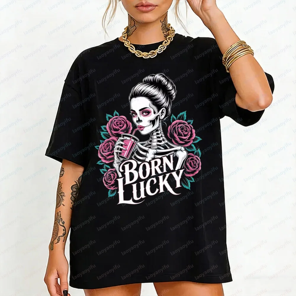 Vibrant BORN LUCKY Gothic Rose Cotton T-Shirt Striking Day of The Dead Skeleton Print Casual Tops Punk Vintage Clothes for Women