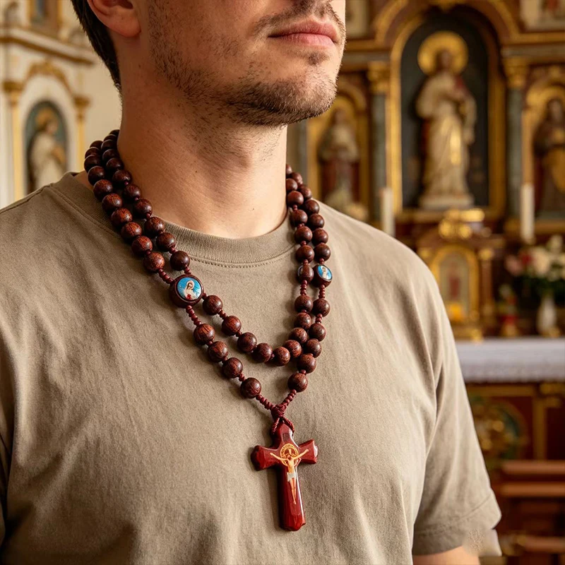 Rosario Católico Tradicional de Madera con Icono Sagrado y Crucifijo, Rosario Cristiano para Iglesia, Regalo Religioso Devocional