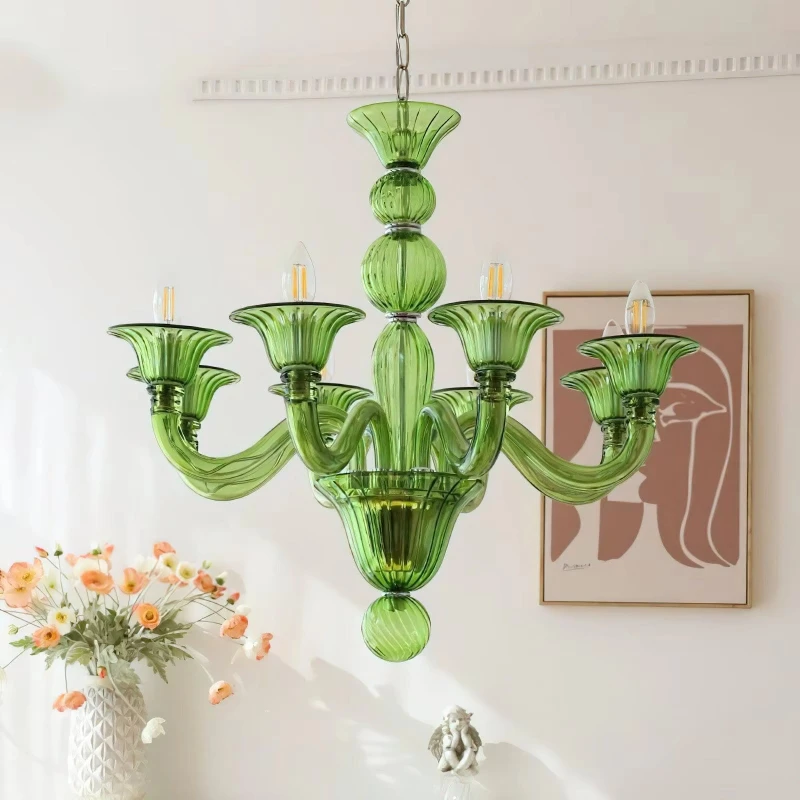 

French elegant chandelier retro champagne glass candle holder living room dining room green glass candle chandelier