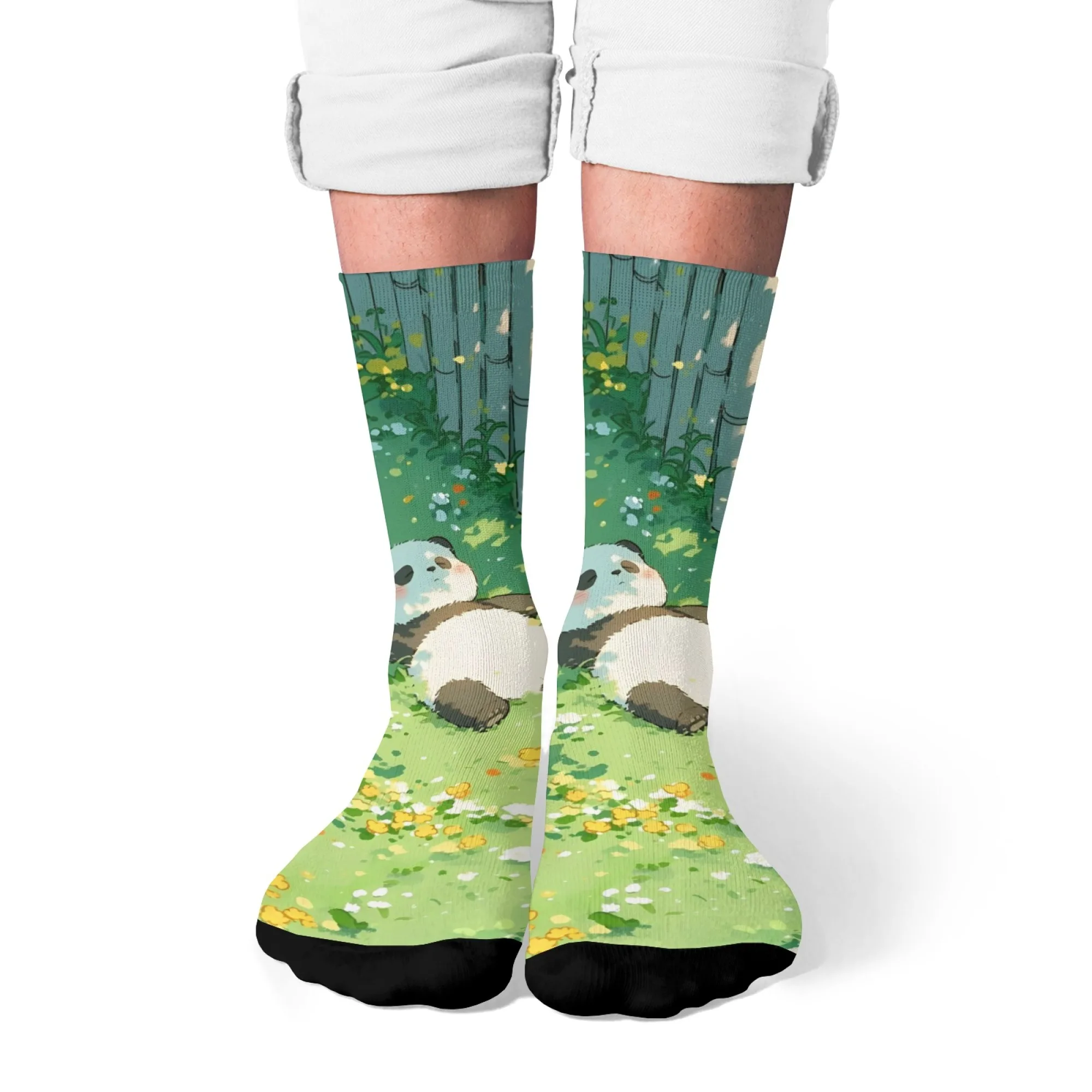

Очаровательные носки унисекс с изображением панды, лица панды с зелеными бамбуковыми узорами травы, принт, исцеление, кавайная мода для повседневной носки
