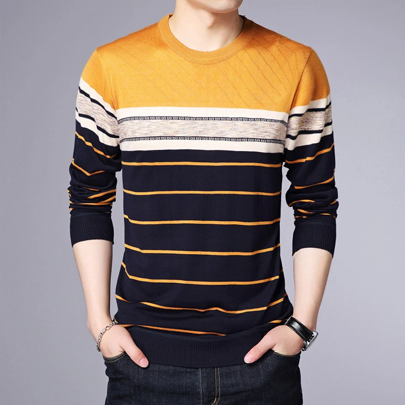 Men\'s Casual Striped Knit Spring and Autumn Long Sleeved Pullover Fashion Top