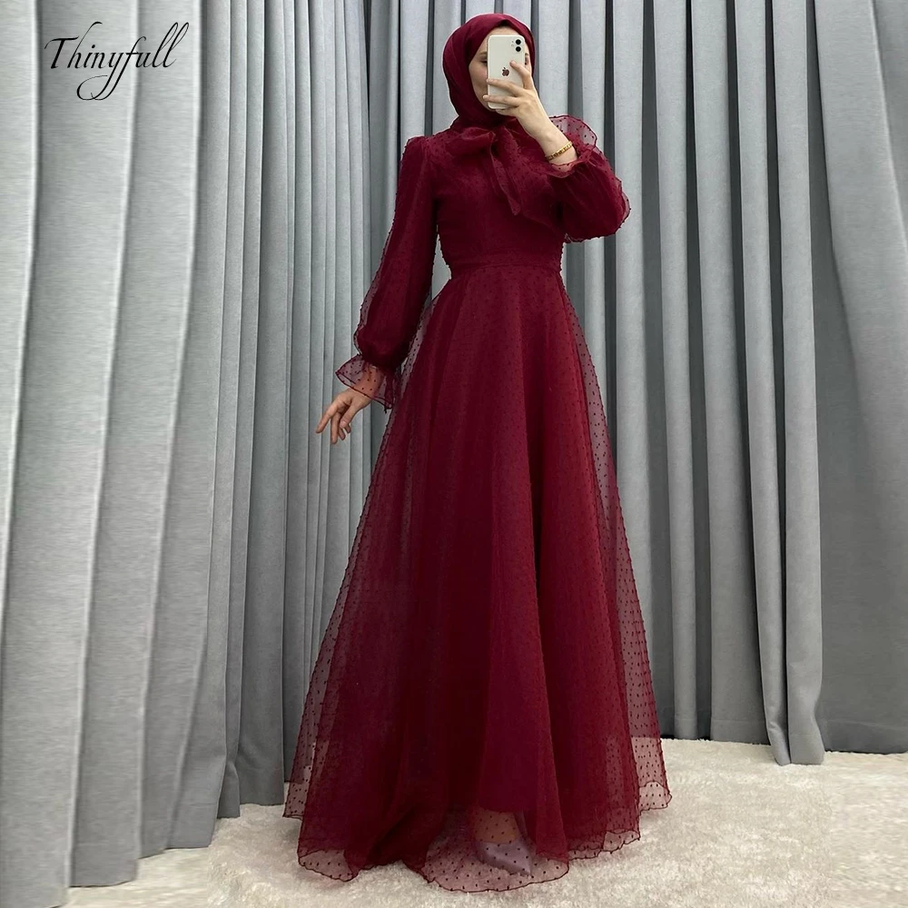 

Thinyfull Arab Muslims Dotted Tulle Evening Party Dresses A-line Long Sleeves Prom Dress Floor Length Formal Occasion Gown 2024