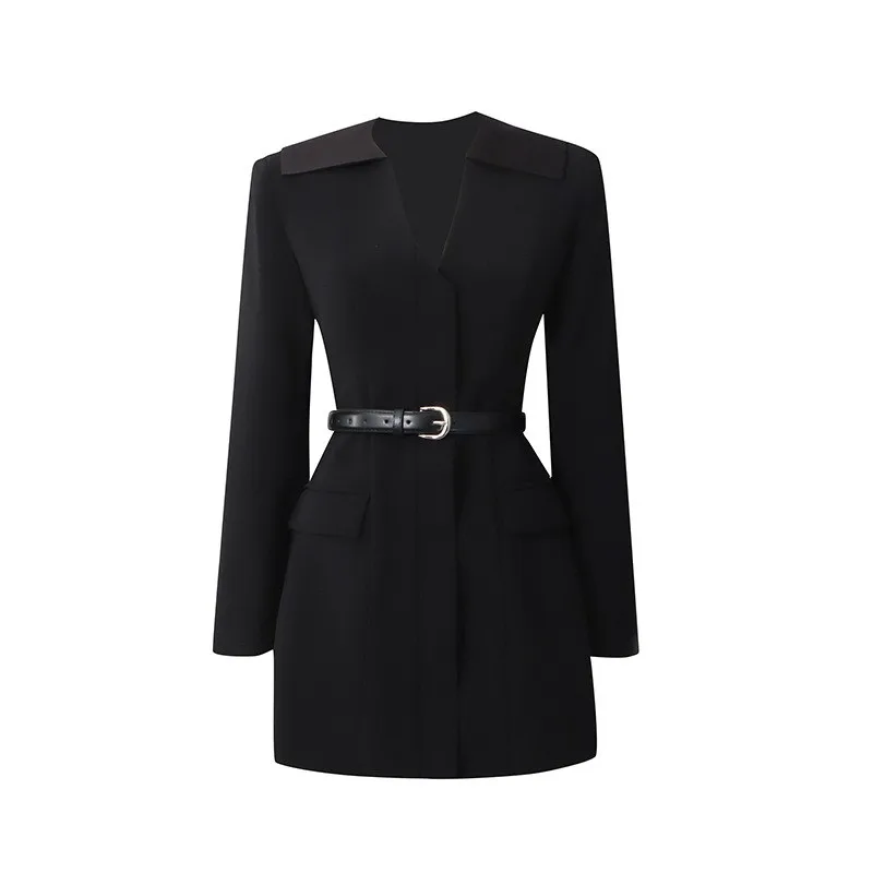 Mid Length Belt V Neck Regular Length Elegant Professional with Patchwork Construction Elegant Office Wear No Hood Women Jacket