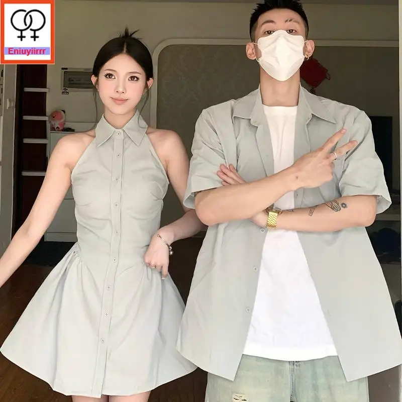 Matching Couple Hoodies Dress Lovers Clothes 2024 Summer Honeymoon Date Girls Solid Button Retro Sleeveless Shirt Dress