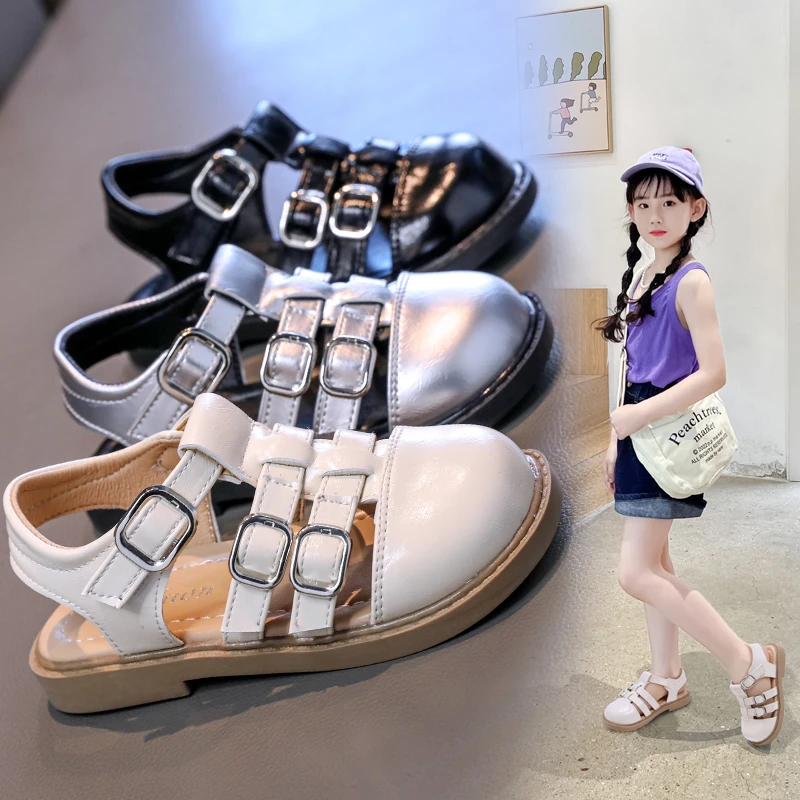 

Детские сандалии с закрытым носком, новинка лета 2024, модные сандалии принцессы в римском стиле для девочек, нескользящая детская повседневная пляжная обувь на мягкой подошве