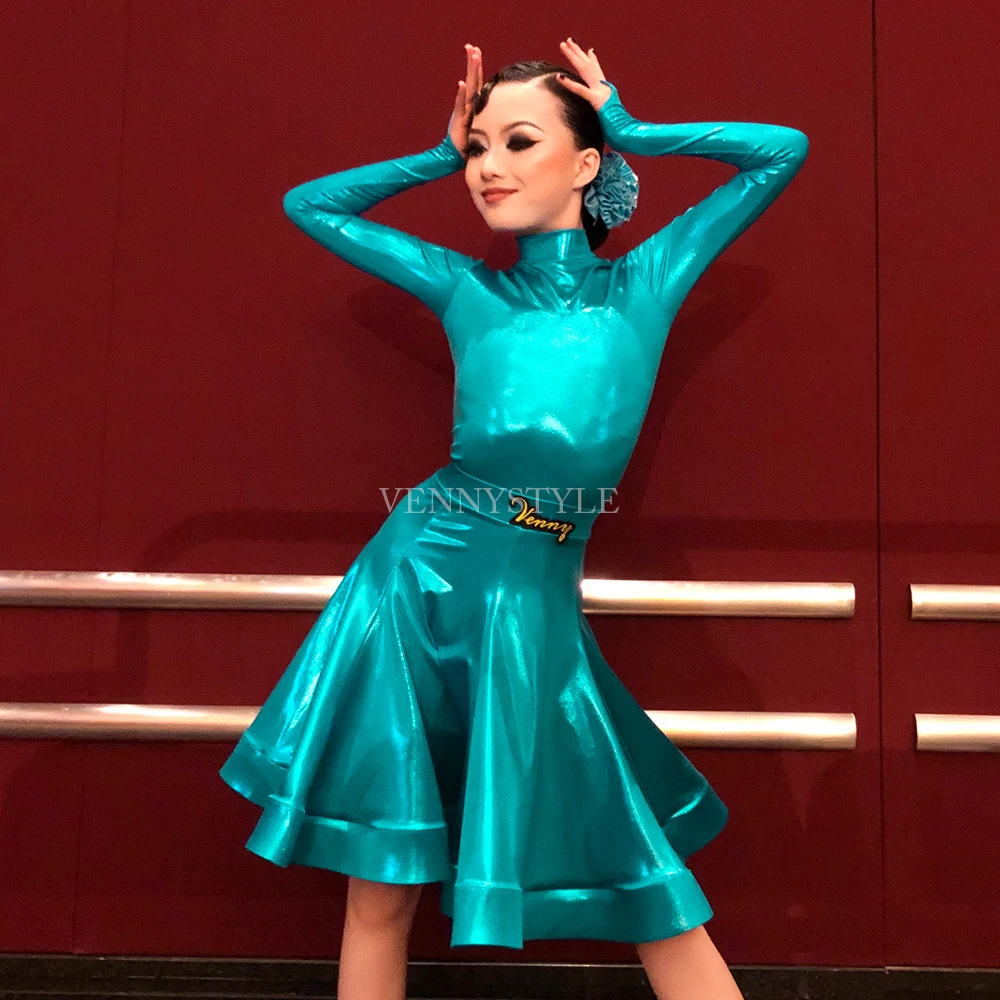 Vennystyle Latin Dance competition dress Long sleeve green Latin dance dress women\'s professional ballroom dance dress