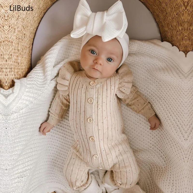 

2024Newborn Infant Girls Knit Clothes Baby 0-24M Winter Fall Romper Warm Long Sleeve Ruffle Jumpsuit Soft Kint Outfit Sweater