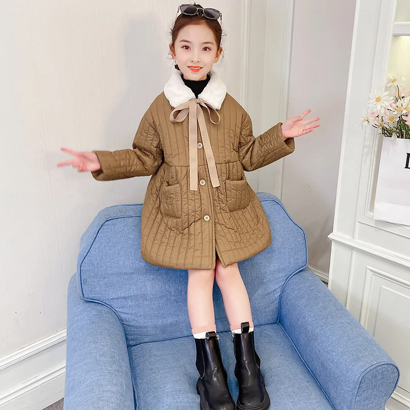 

Girls Coat Jacket Cotton Outwear Overcoat 2022 Ribbon Warm Thicken Plus Velvet Winter School Tops Children's Clothing