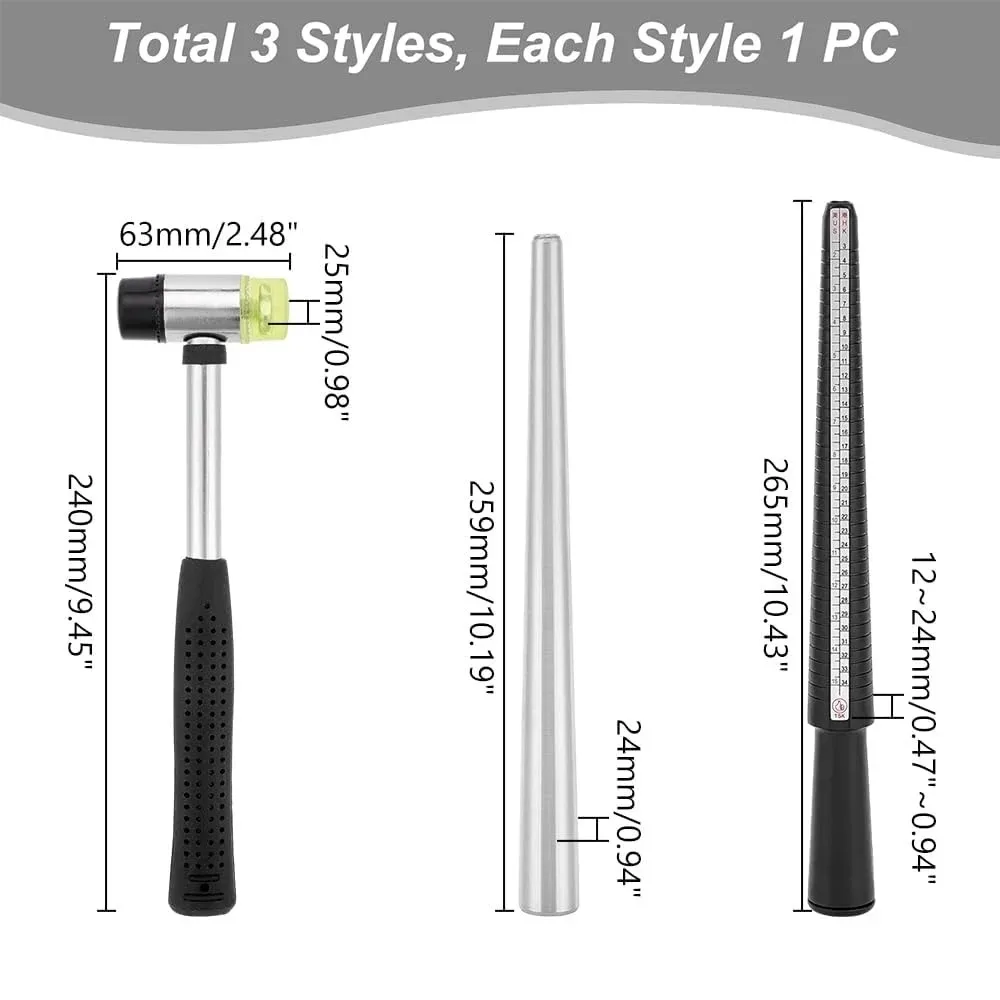 3Pcs Ring Resizing Shaping Tool Kit, Ring Sizer Stick, Ring Enlarger Stick, Double‑Faced Rubber Mallet, Jewelry Repair DIY Tools