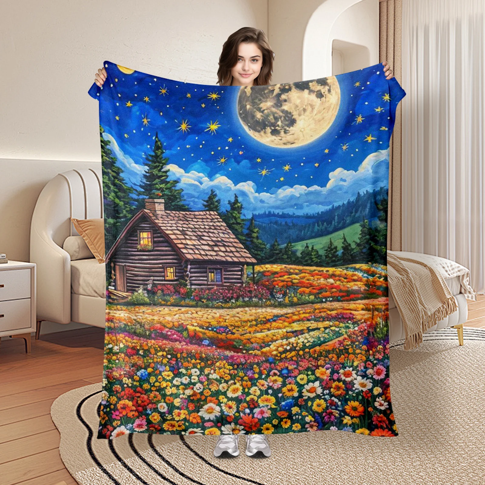 Selimut Pola Rumah Bunga Malam Bercahaya Bulan Untuk Dekorasi Bertema Ketenangan Dan Kado Unik Untuk Dewasa Dan Pecinta Alam