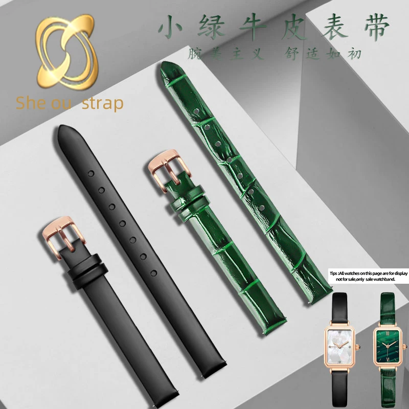 Cowhide Watch Strap For DW Lolarose Armani Leather Watchband Gold Little Green Watch Metal Steel Bracelet 10mm12 14mm Green Blak